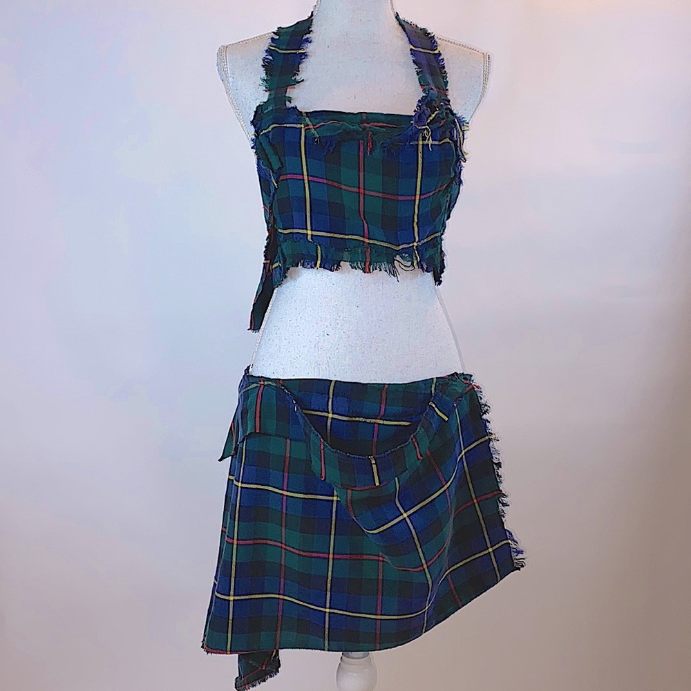 Two piece tartan asymmetrical halter dress